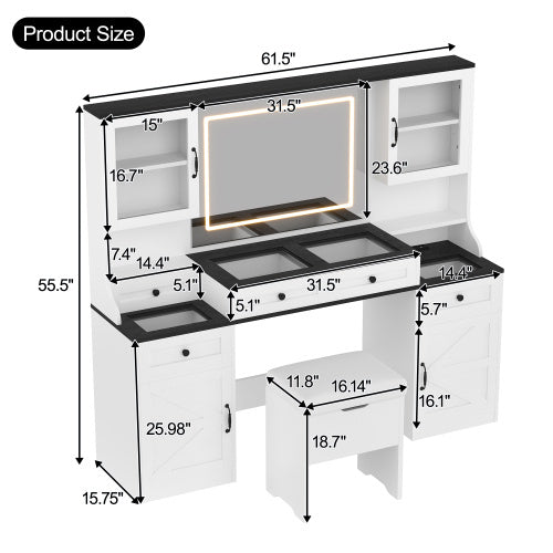 Farmhouse Vanity Desk With Mirror And LED Lights With 5 Drawers And 4 Cabinets And Cushion Stool Inkedjoy