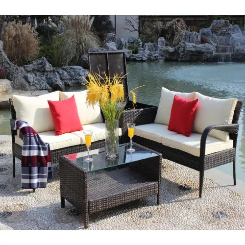 4 Piece Patio Sectional Wicker Rattan Outdoor Furniture Sofa Set With Storage Box Brown My Store