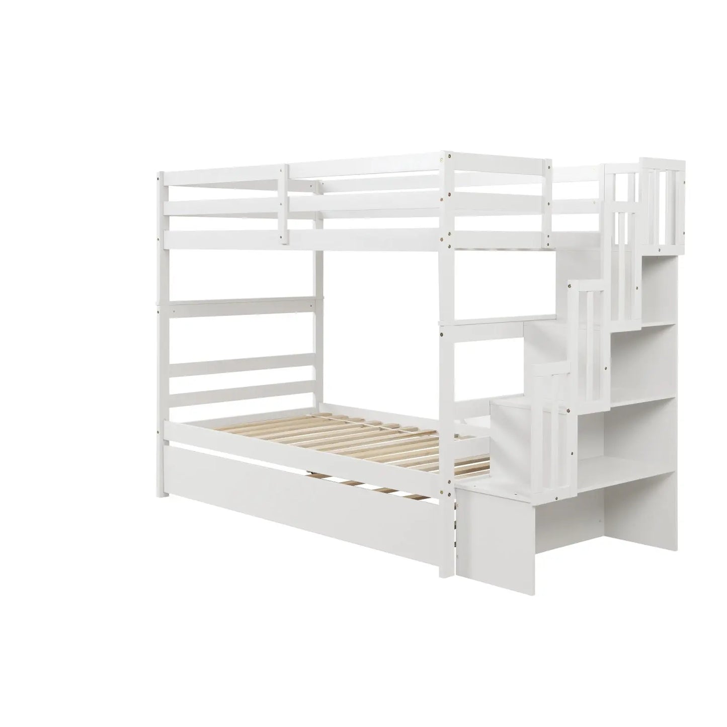 Twin Bunk Beds With Trundle & Stairway Storage In White Siesta