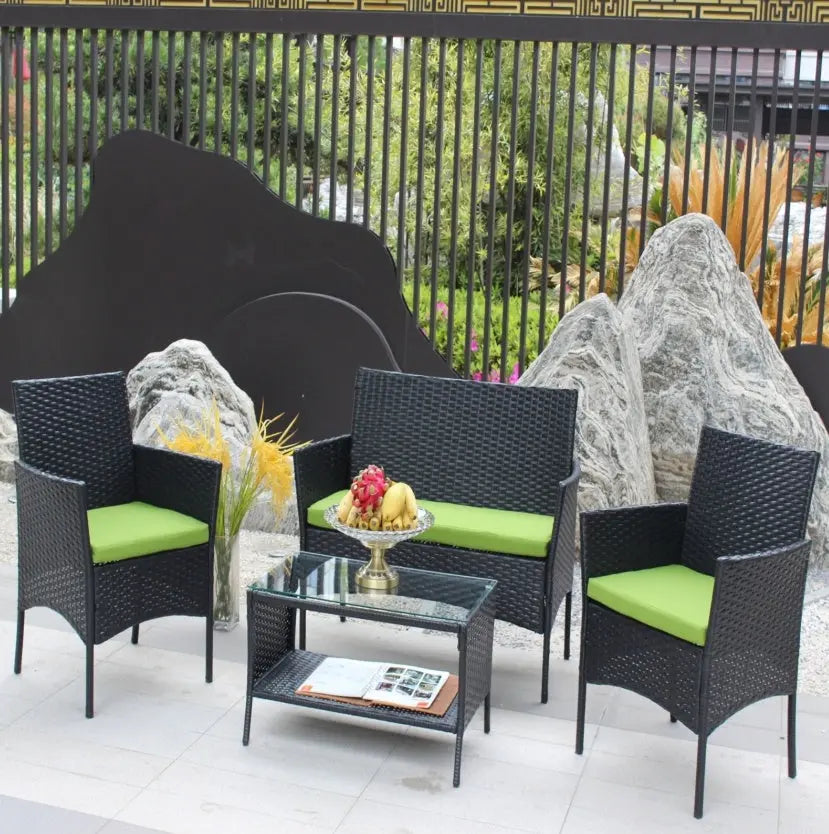 4PC Rattan Patio Furniture Set Outdoor Wicker Sofa W Green Cushions My Store