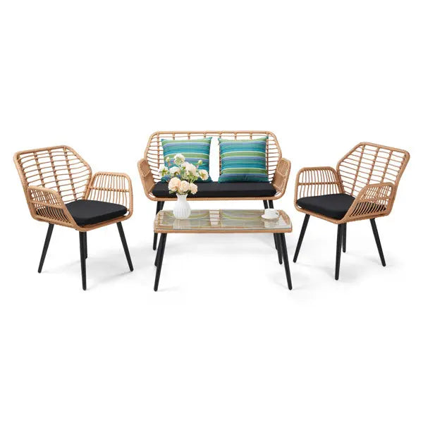 Yellow Round Rattan, Black Seat Cushion, Braided Rattan Four-piece Set My Store