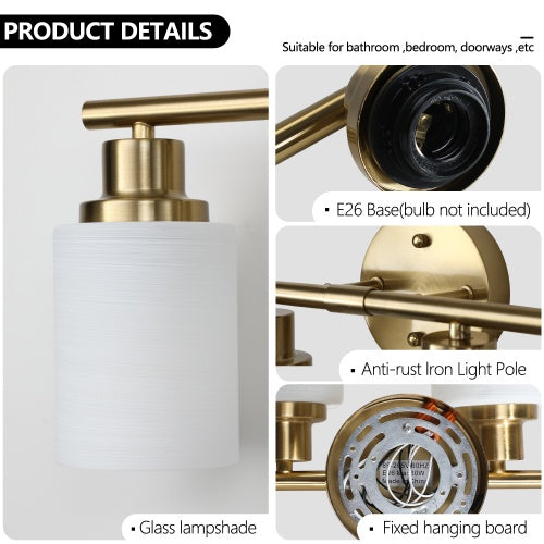 5 Lamps Gold Bathroom Vanity Lamp, Frosted Glass Shade, Modern Wall Mounted Lighting Inkedjoy