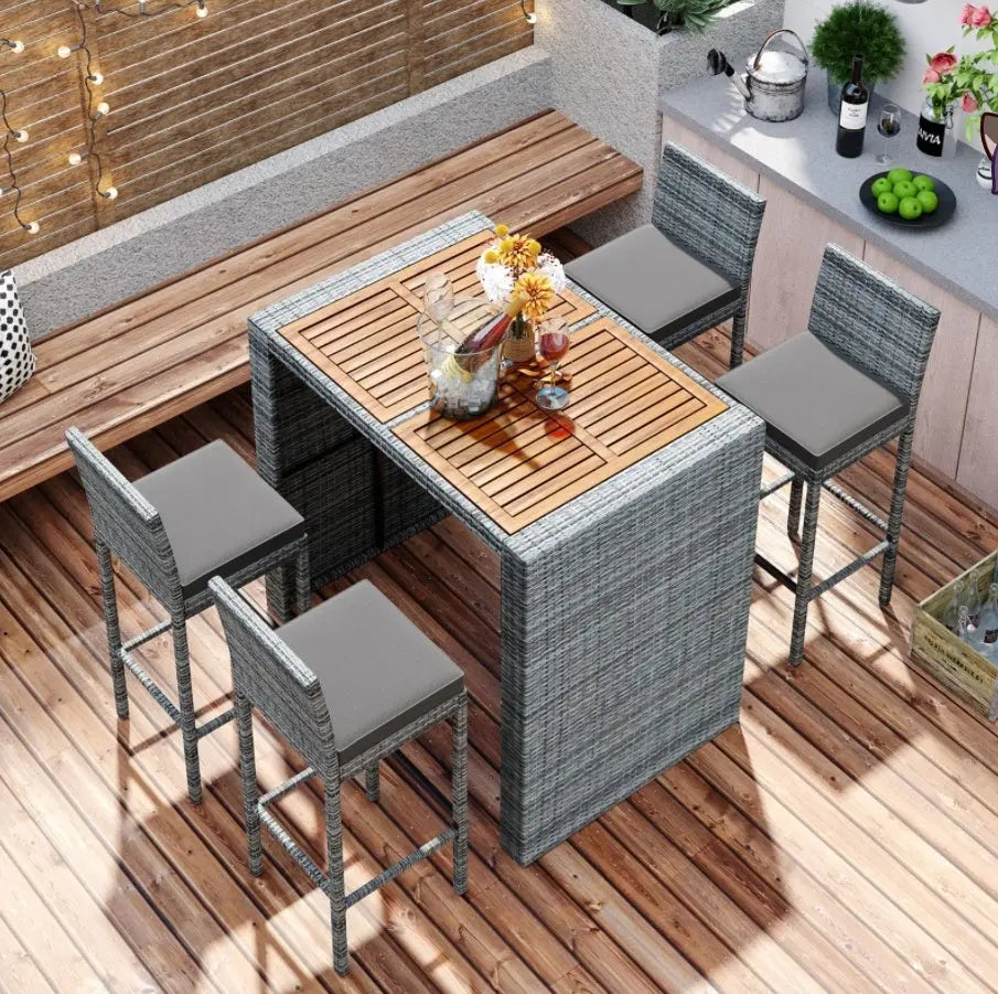 5-Piece Outdoor Patio Wicker Bar Set With Bar Height Chairs & Non-Slip Feet My Store