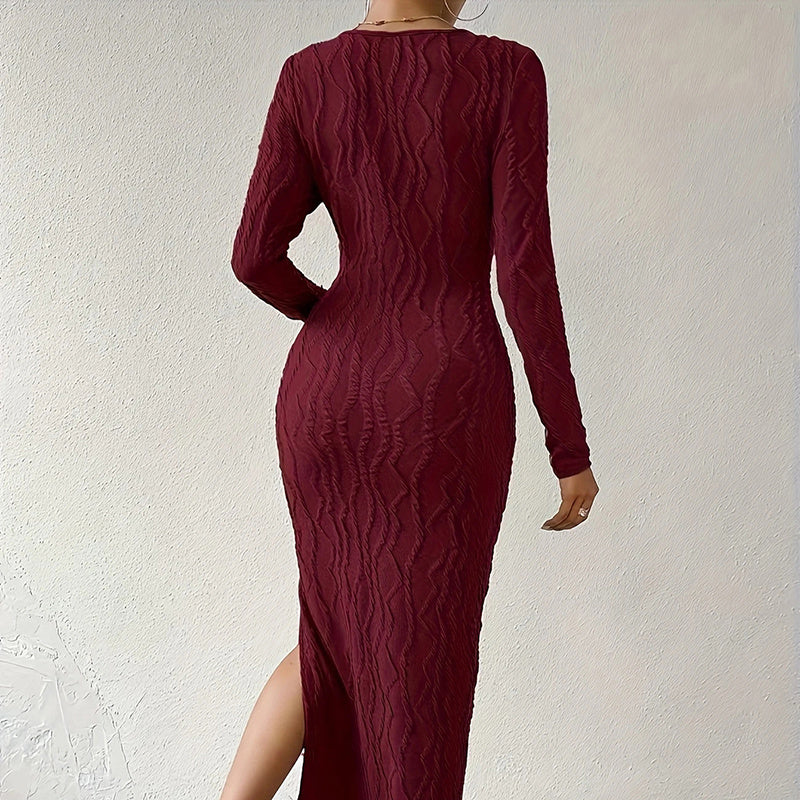 Women's Crew Neck Long Sleeve Ribbed Dress Side Slit Knit Bodycon Midi Dress Inkedjoy