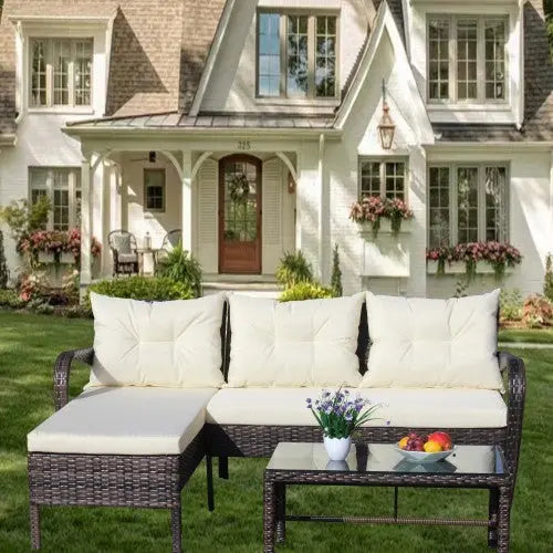 Outdoor Patio Furniture Sets 3 Piece Conversation Set Wicker Ratten Sectional Sofa With Seat CushionsBeige Cushion My Store