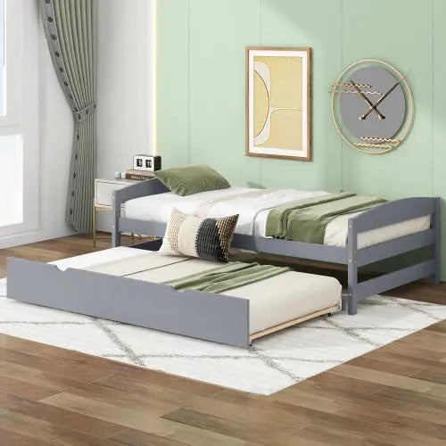 Twin Size Platform Bed With Twin Size Trundle, Gray My Store