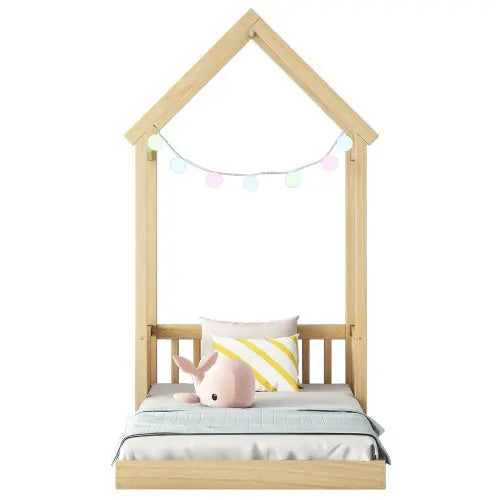 Twin House-shaped Roof Headboard Floor Bed,,without Slats,Natural My Store
