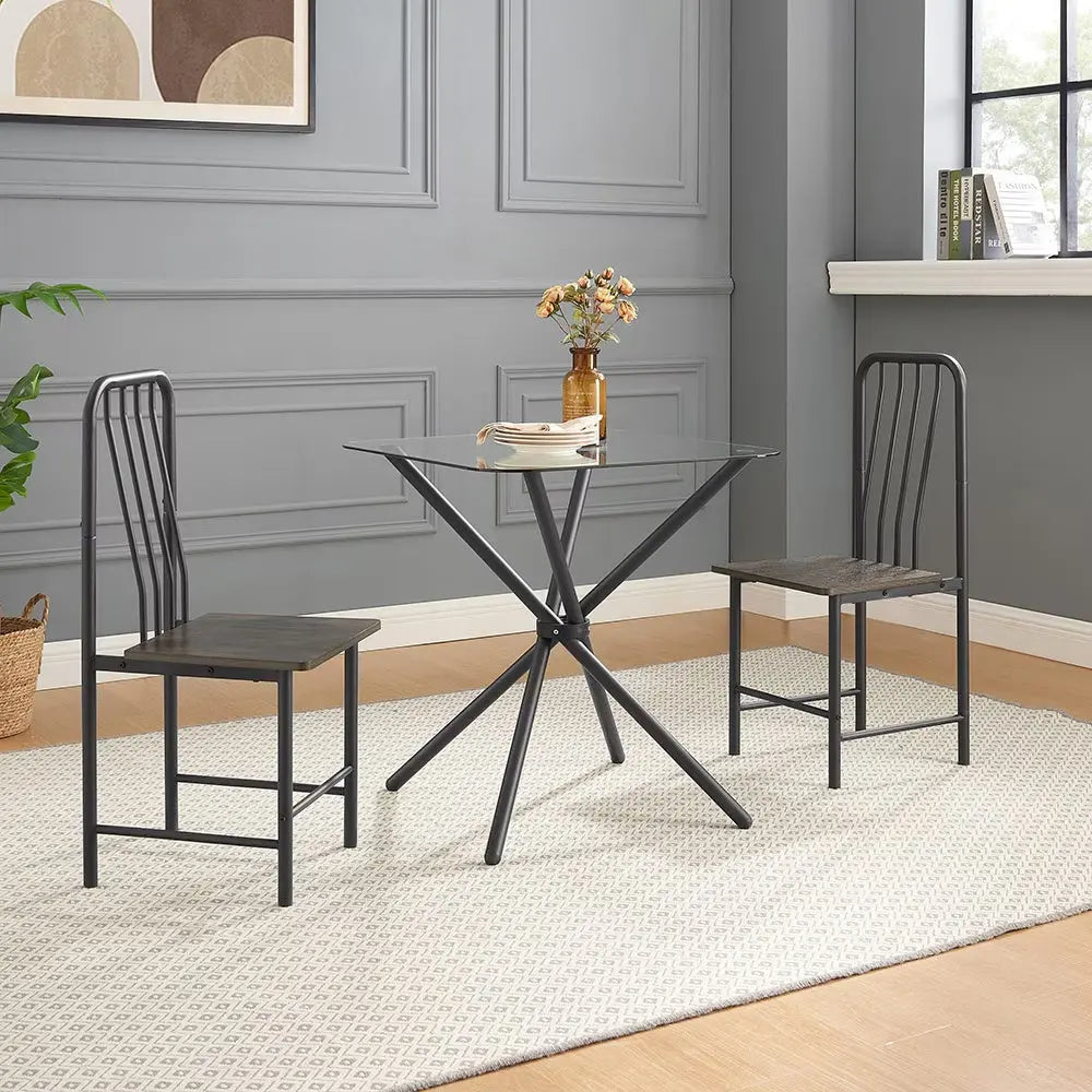 Dining Table Set For 2 People, Square Glass Tempered Dining Table With 4 Legs And 2 Metal Chairs My Store