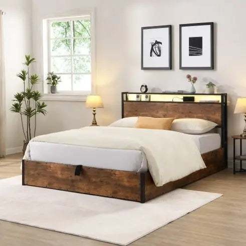 Wooden Platform Bed Frame With Lifting And Charging Station My Store