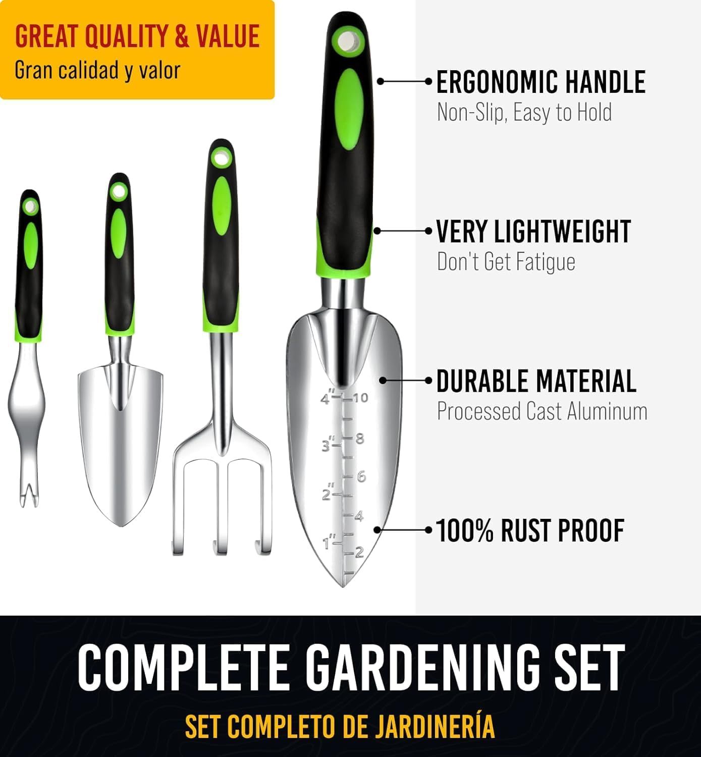 Heavy Duty Garden Tools 9Pieces Set - Rust Proof, Ergonomic Gardening Hand Tools Inkedjoy