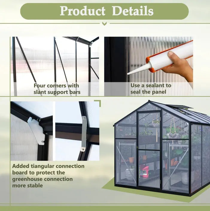 6' X 12' Thicked Polycarbonate Greenhouse With Double Flush Door My Store