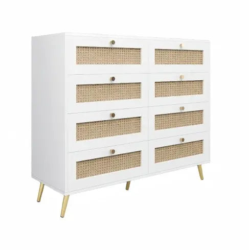 White Color 8 Drawers Chest With Rattan Drawer Face Golden Legs And Handles My Store