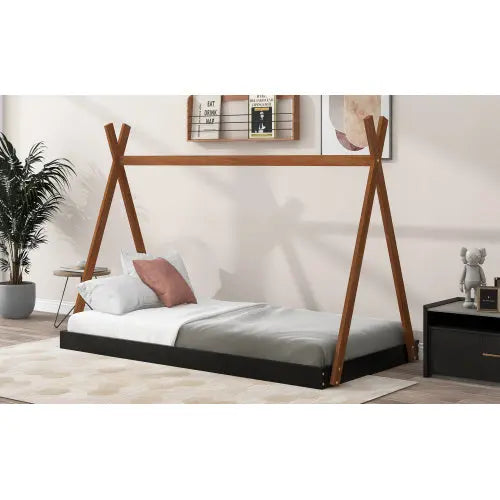 Twin Size Tent Floor Bed With Triangle Structure, Black Brown My Store