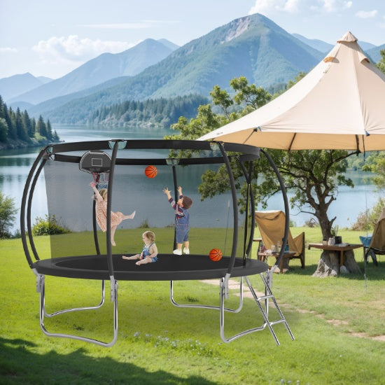 12 FT TRAMPOLINE BLACK PUMPKIN-STYLE SAFETY NET WITH BASKETBALL HOOP My Store