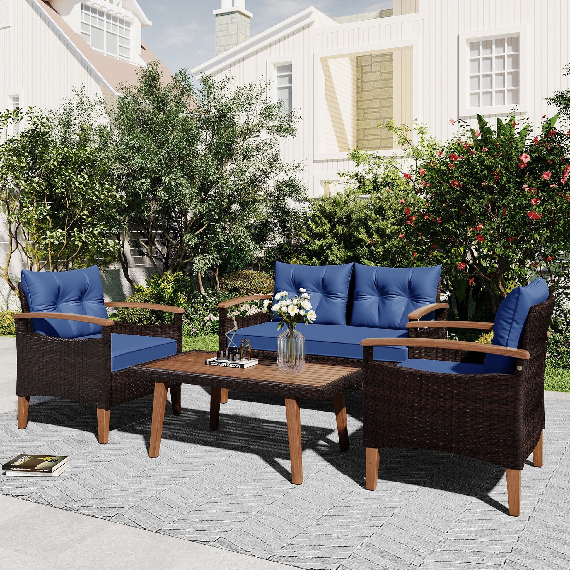 4-Piece Garden Furniture, Patio Seating Set, PE Rattan Outdoor Sofa Set, Wood Table And Legs, Brown And Blue Inkedjoy