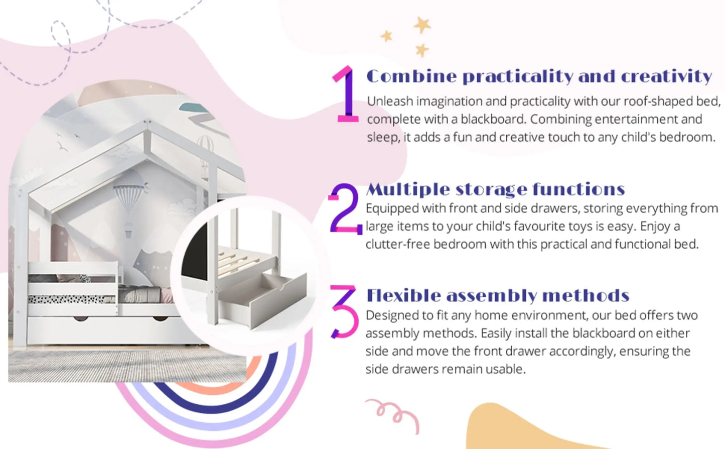 Twin House Bed With Blackboard And Drawers, Two Assembly Options, White My Store