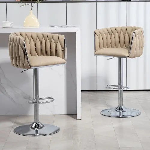 360 Fabric Cover Swivel Bar Stools Set Of 2, Adjustable Counter Height Bar Chairs With Woven Back & Footrest, Silver Chromed Bar Stools For Kitchen Island, Cafe, Pub My Store