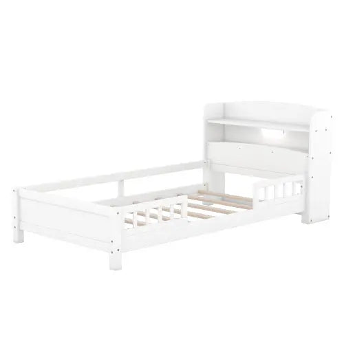 Wood Twin Size Platform Bed With Built-in LED Light, Storage Headboard And Guardrail, White My Store