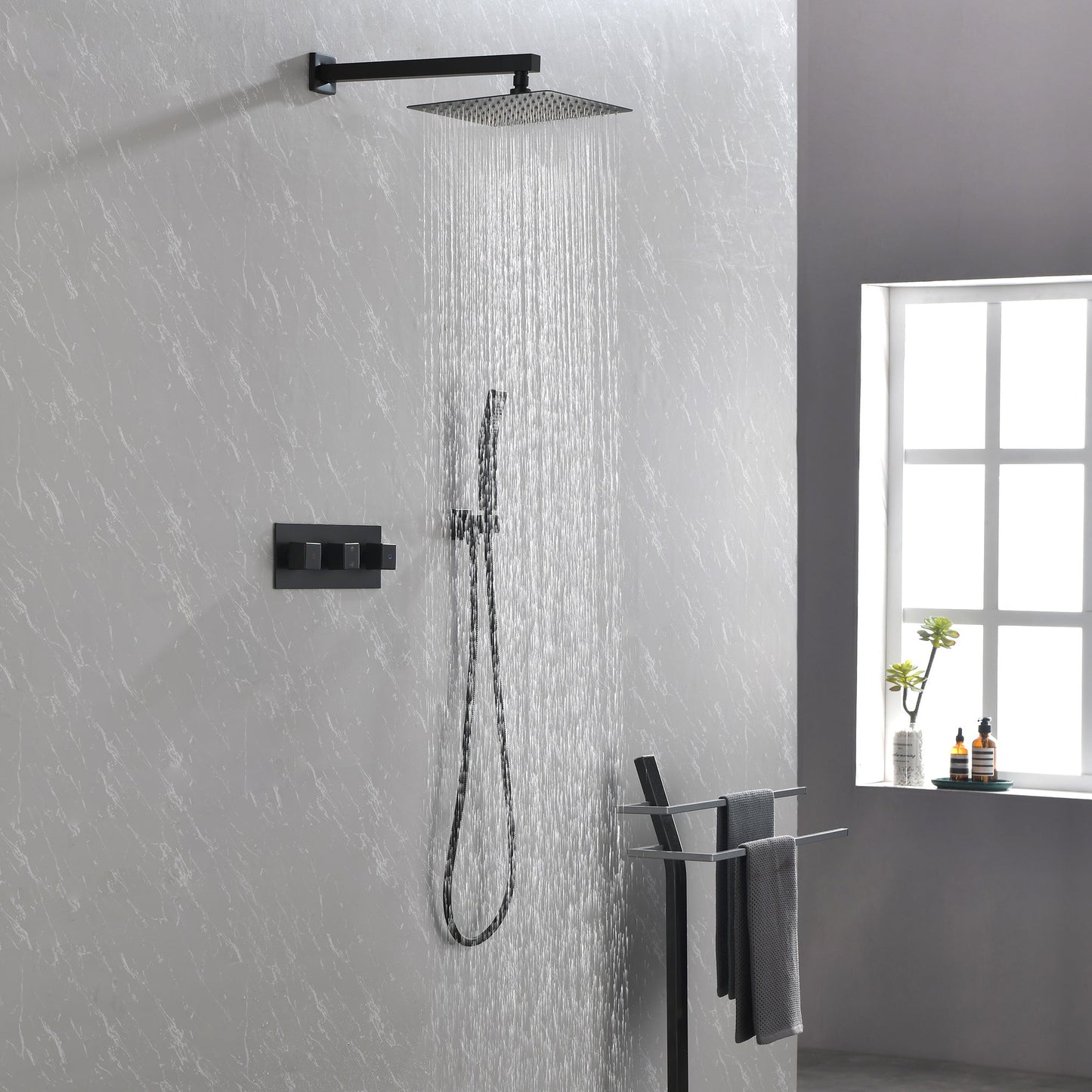 Brass Matte Black Shower Faucet With 10 Inch Shower Head And Handheld Spray Inkedjoy