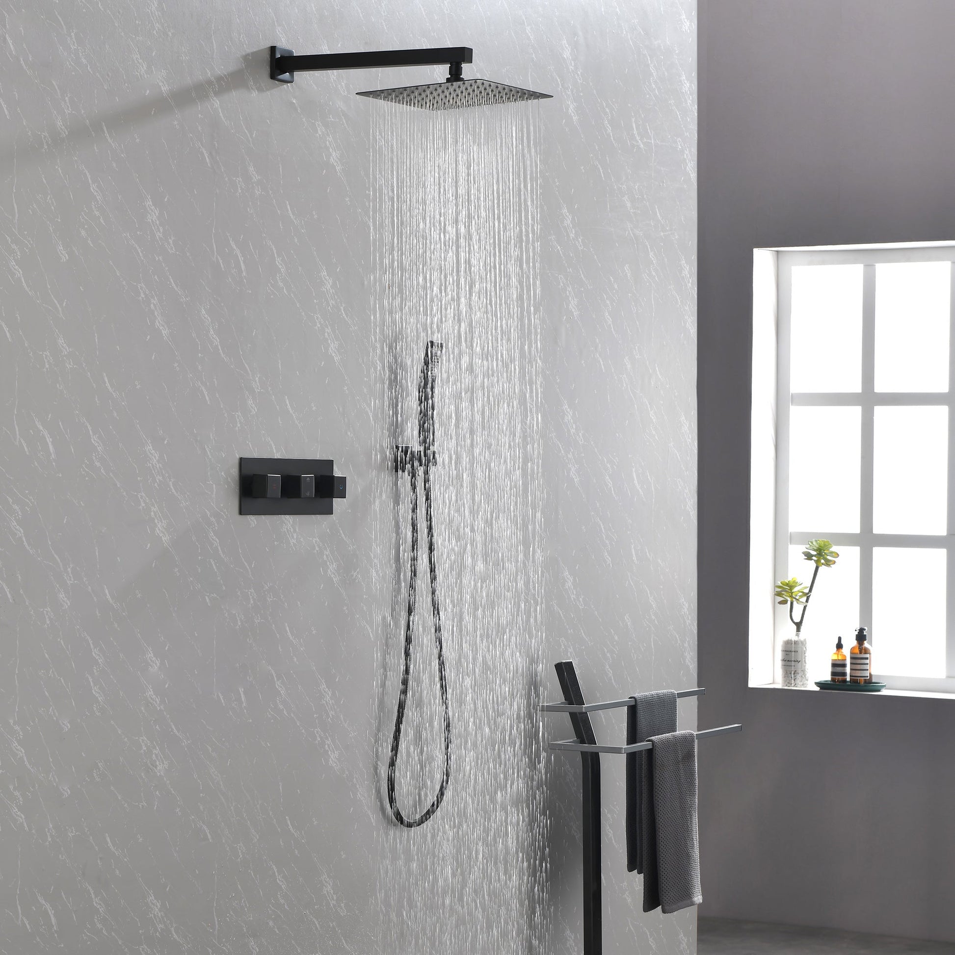Brass Matte Black Shower Faucet With 10 Inch Shower Head And Handheld Spray Inkedjoy