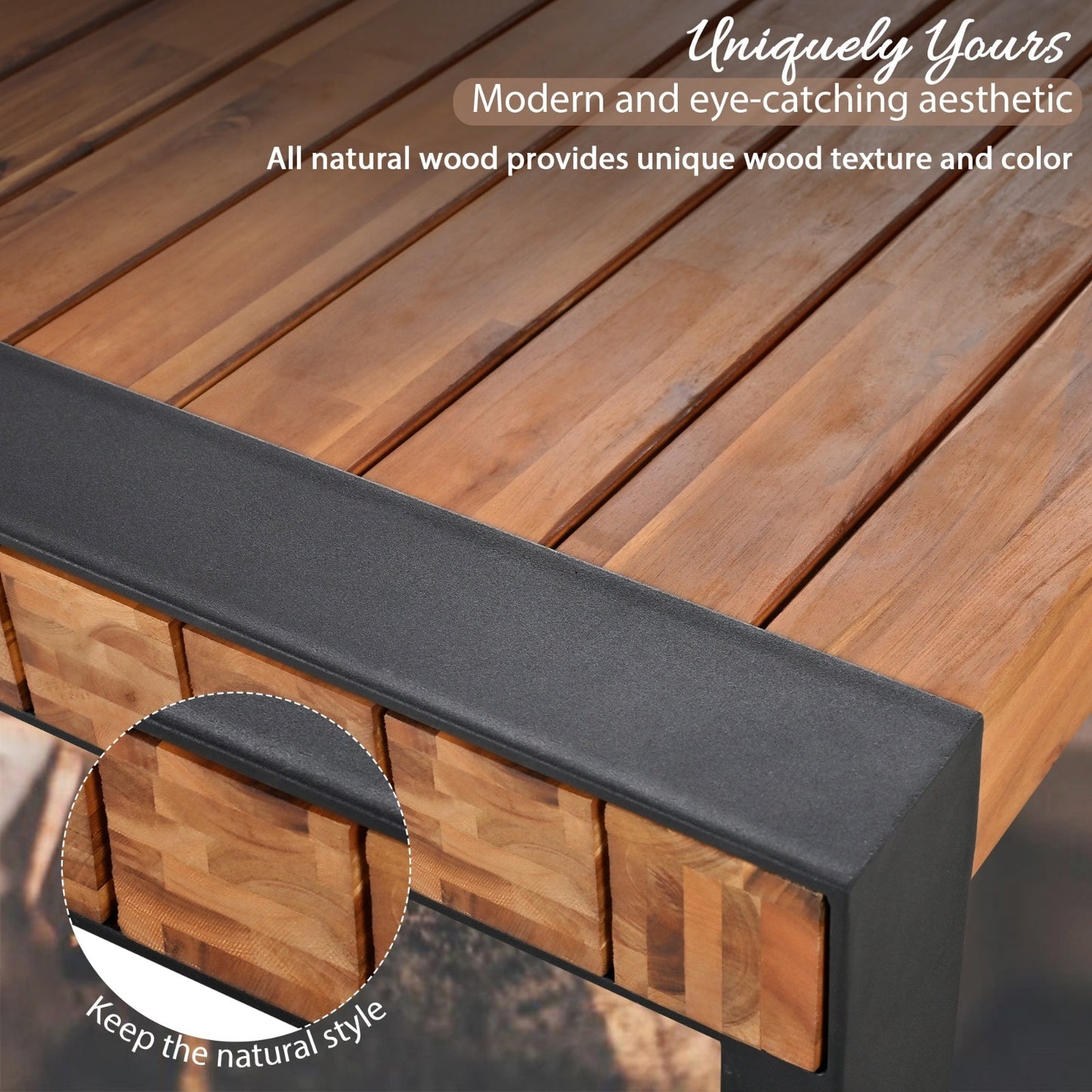 3-pieces Outdoor Dining Table With 2 Benches, Patio Dining Set With Unique Top Texture, Acacia Inkedjoy