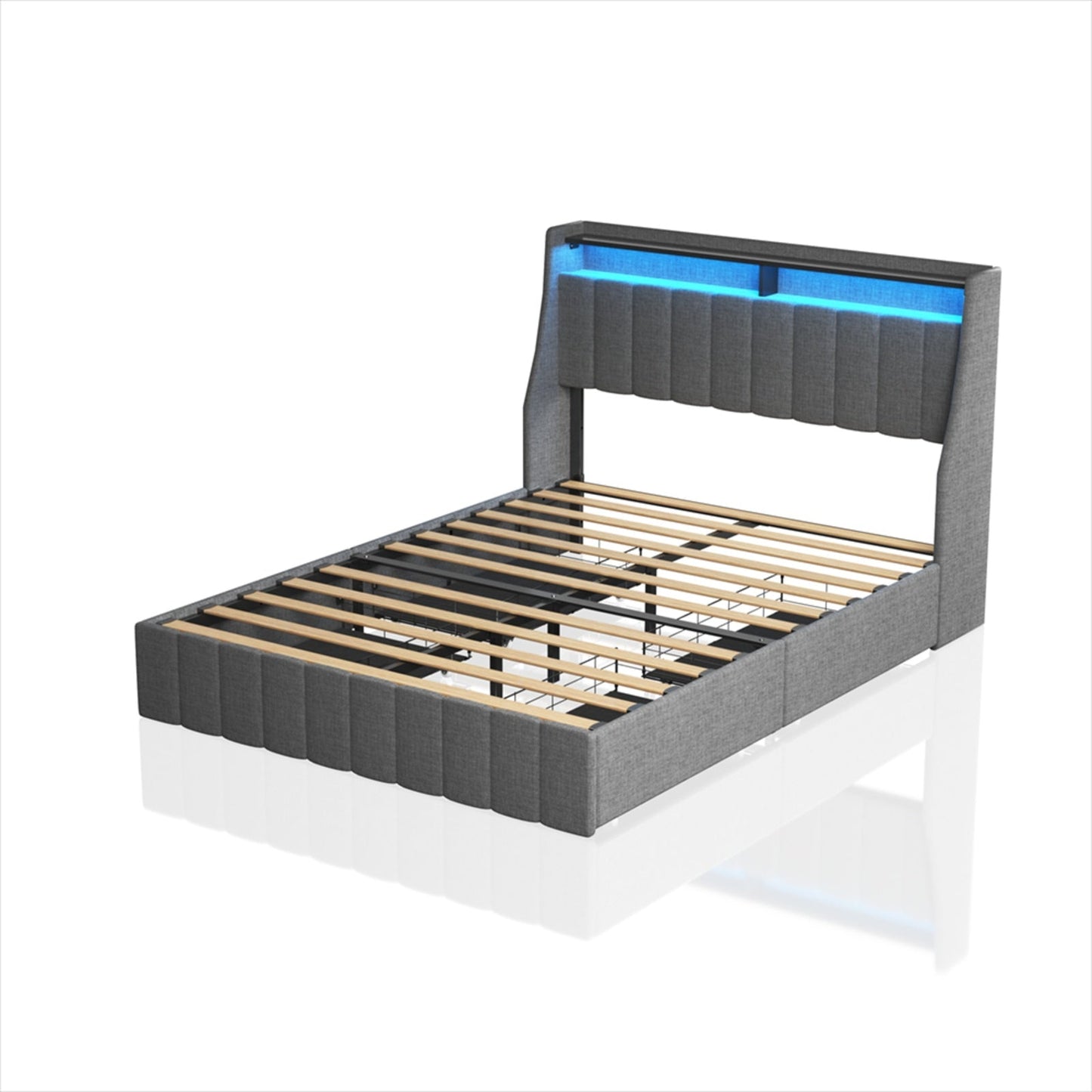 Queen Size Bed Frame With LED, Storage Drawers, Wings Headboard My Store