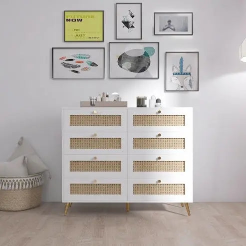 White Color 8 Drawers Chest With Rattan Drawer Face Golden Legs And Handles My Store