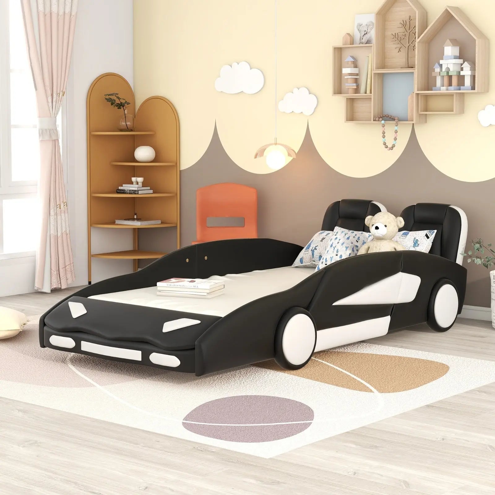 Twin Size Race Car-Shaped Platform Bed With Wheels, Black My Store