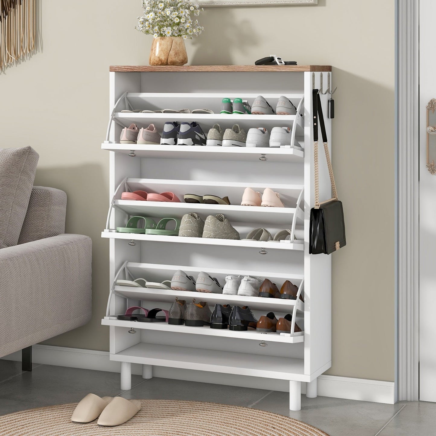 Narrow 3-Flip Drawer Shoe Cabinet Wood Grain Top Entryway Organizer Inkedjoy