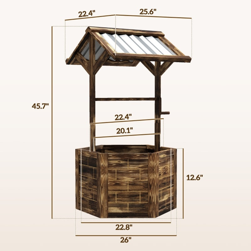 Wooden Wishing Well Planter, Raised Garden Bed With Galvanized Canopy-Tan Inkedjoy