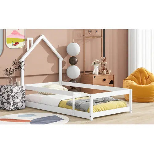 Twin Size Wood Bed With House-shaped Headboard Floor Bed With Fences,White My Store