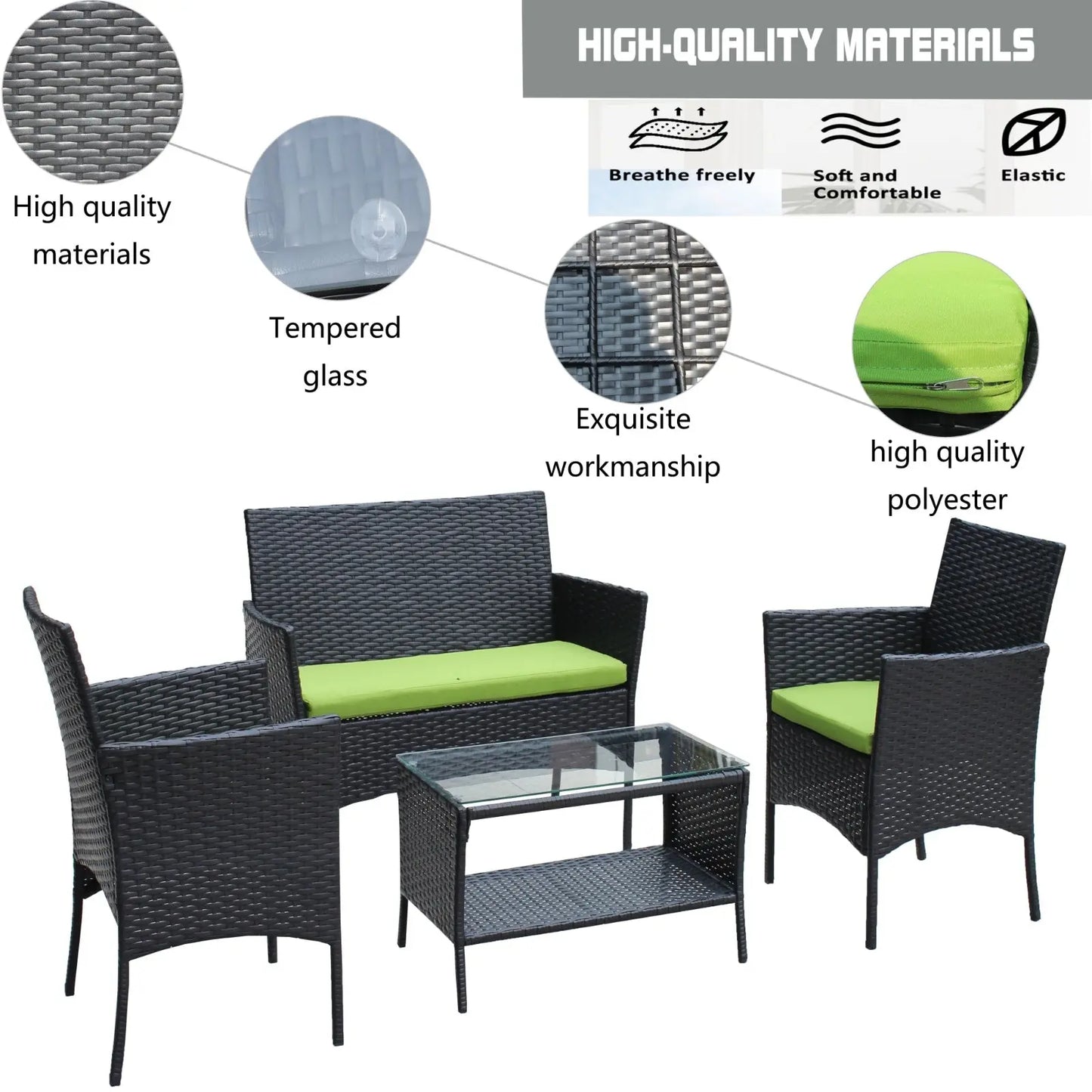 4PC Rattan Patio Furniture Set Outdoor Wicker Sofa W Green Cushions My Store