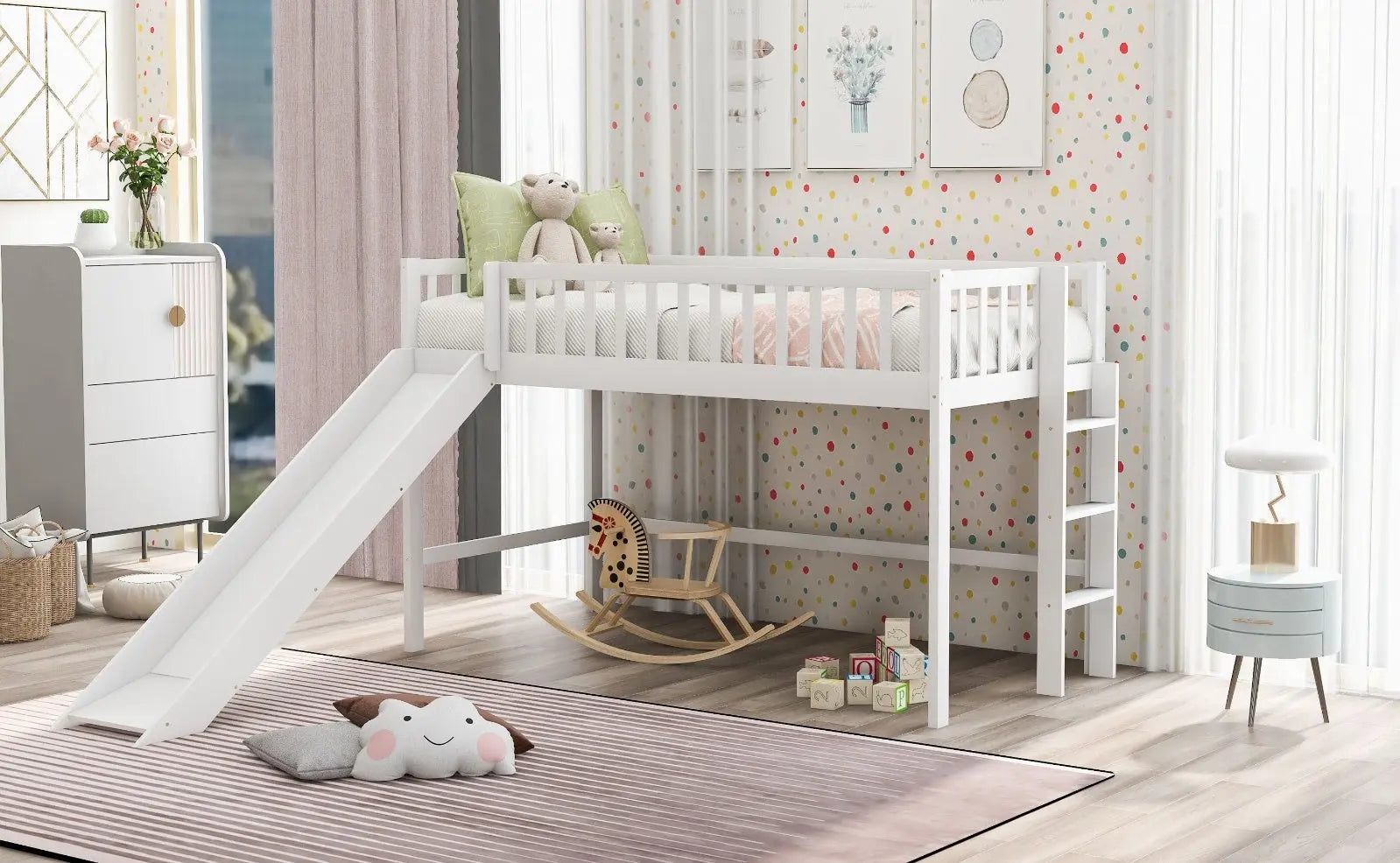 Twin Size Low Loft Bed With Ladder And Slide,White My Store