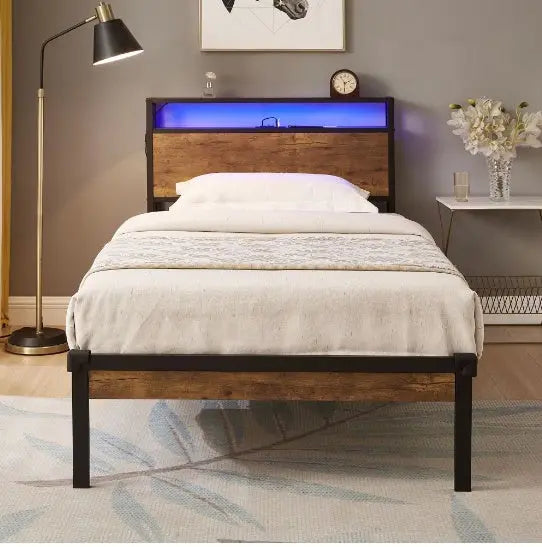 Twin Size Metal Platform Bed Frame With Wooden Headboard And Footboard With USB LINER My Store