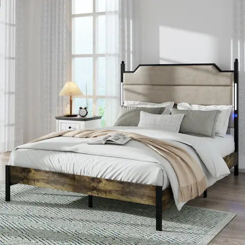 Queen Size Bed Frame With Upholstered Headboard Bed Frame With Charging Station And LED Lights, Wood Slats Brown My Store