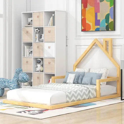 Twin Size Wood Floor Bed With House-shaped Headboard My Store