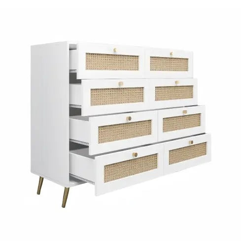 White Color 8 Drawers Chest With Rattan Drawer Face Golden Legs And Handles My Store