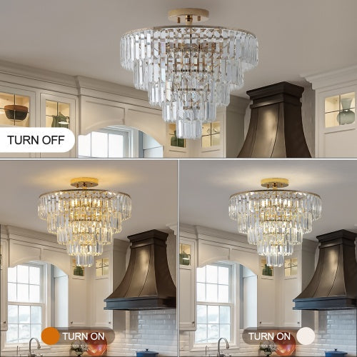 Golden Crystal Chandelier, 5-layer Round Semi-recessed Chandelier Lamp Inkedjoy