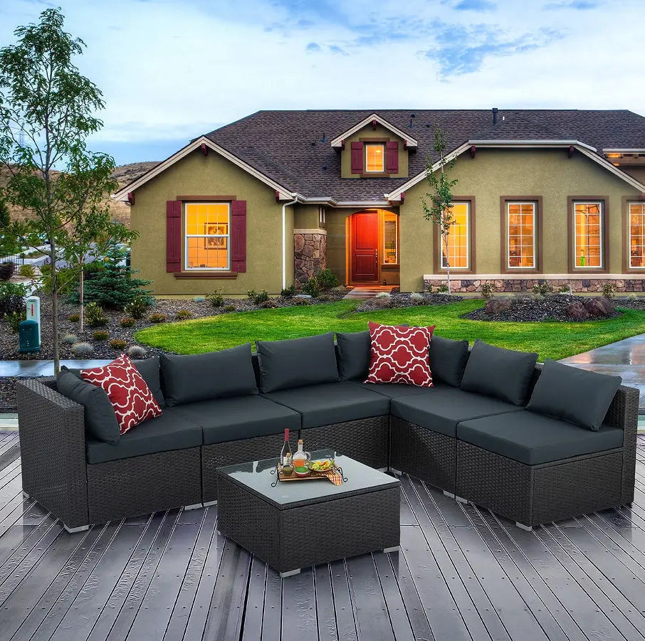 Patio Furniture, Outdoor Furniture, Seasonal PE Wicker Furniture, 7 Set Wicker Furniture With Tempered Glass Coffee Table My Store