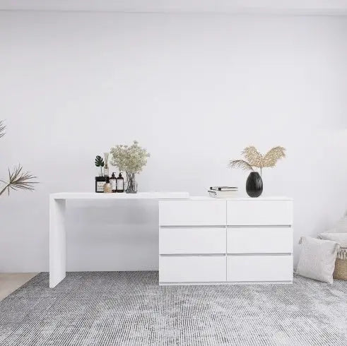 Extended Desktop 6 Drawers Chest Of Drawer Without Handle White Color Vanity My Store