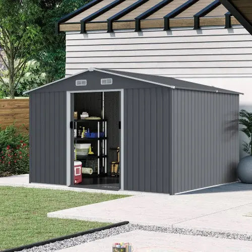 Outdoor Storage Shed 8 X 10 FT Large Metal Tool Sheds  Heavy Duty Storage Grey My Store