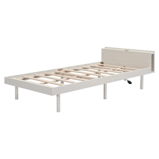 Modern Twin Platform Bed Frame With USB Ports, White Washed Color My Store