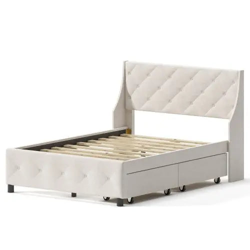 Queen Size Bed Frame With Storage Headboard, Metal Platform Bed My Store