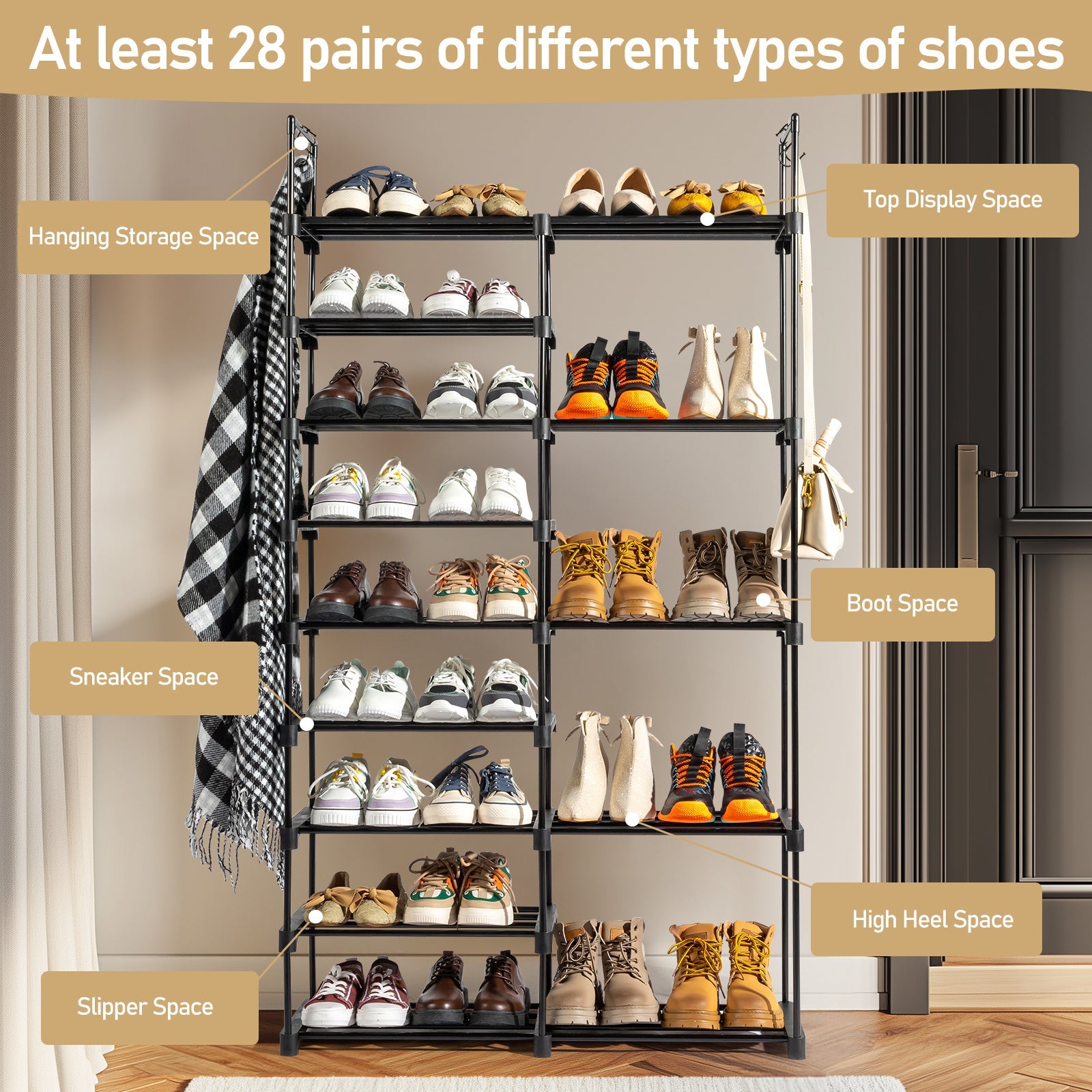 FCH Double Row 9-Layer Shoe Rack With Handles, 85.7x29.8x158cm Black Inkedjoy