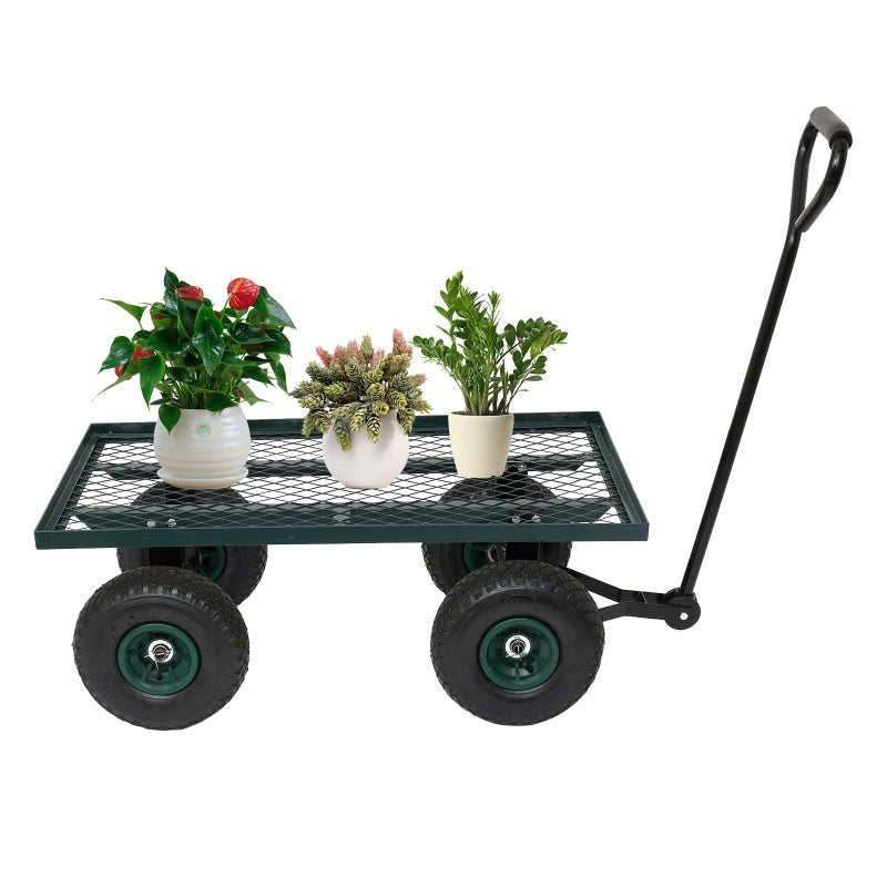 Iron Wood Green Garden Cart With Four Wheels Inkedjoy