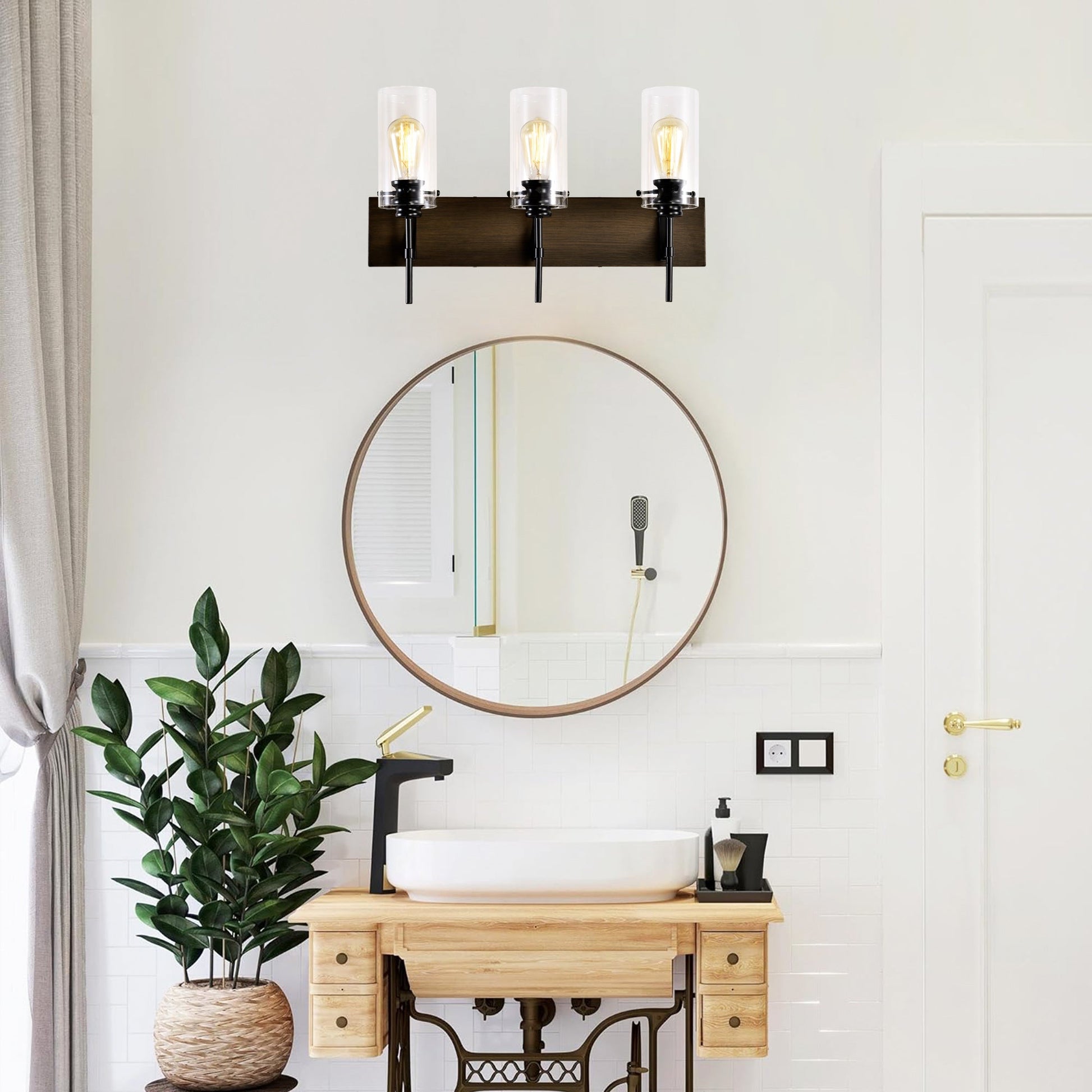 3-Light Matte Black Wood Color Bathroom Light Fixture Inkedjoy