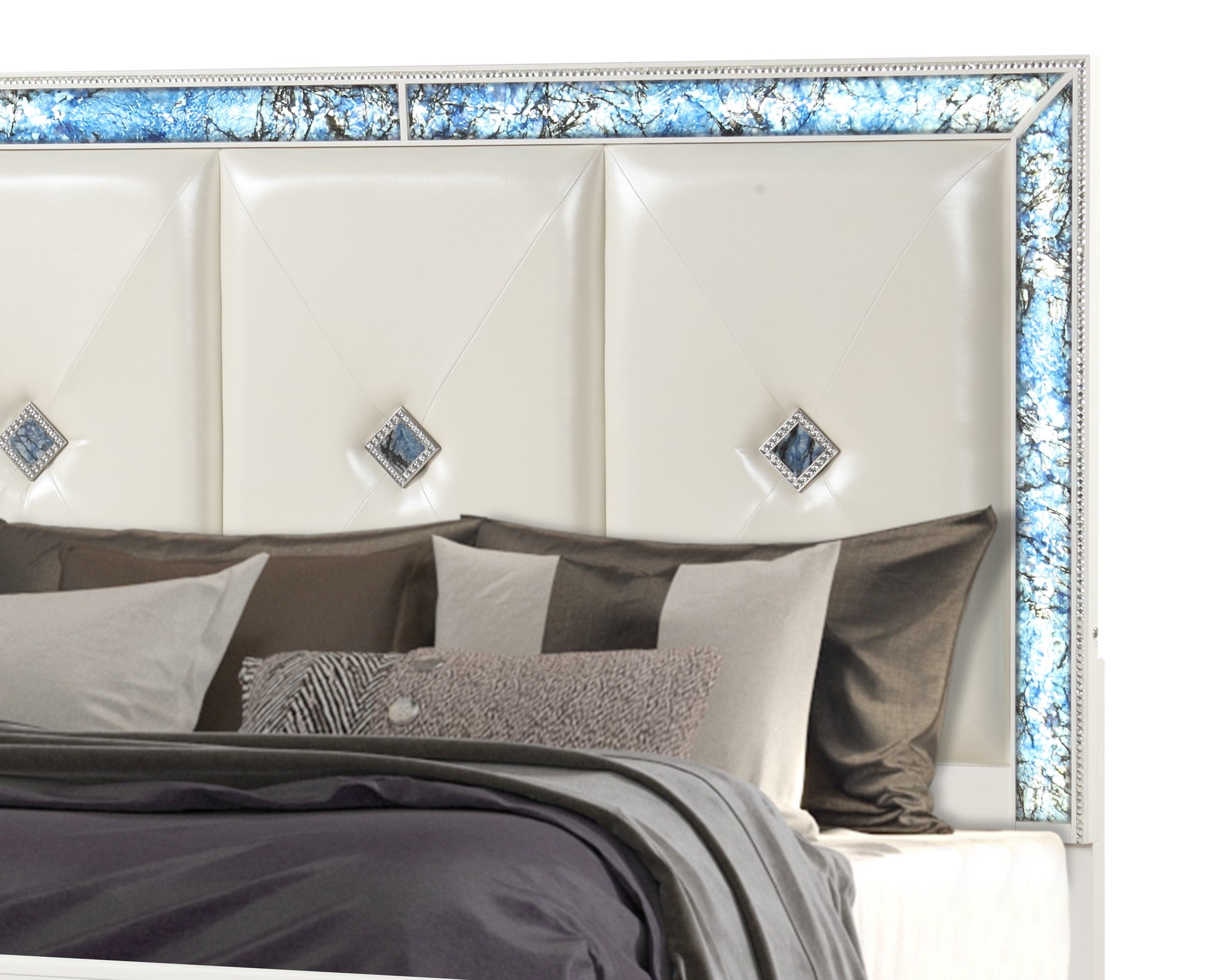 Modern Style 4 Piece Queen Upholstered Bedroom Set with Wood and Crystal Accents in White - Ohberri