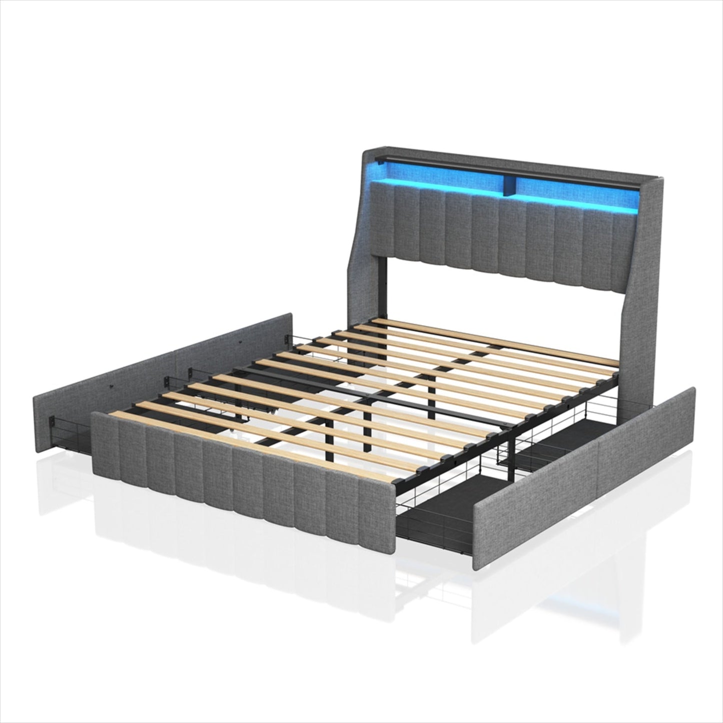 Queen Size Bed Frame With LED, Storage Drawers, Wings Headboard My Store