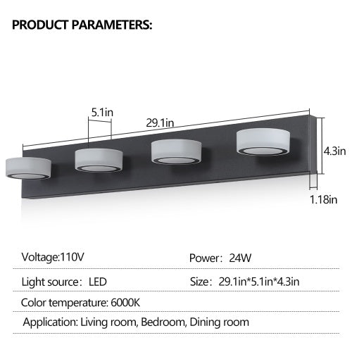 LED Modern Black 4 Light Vanity Light Fixture Mirror Bathroom Wall Light Inkedjoy