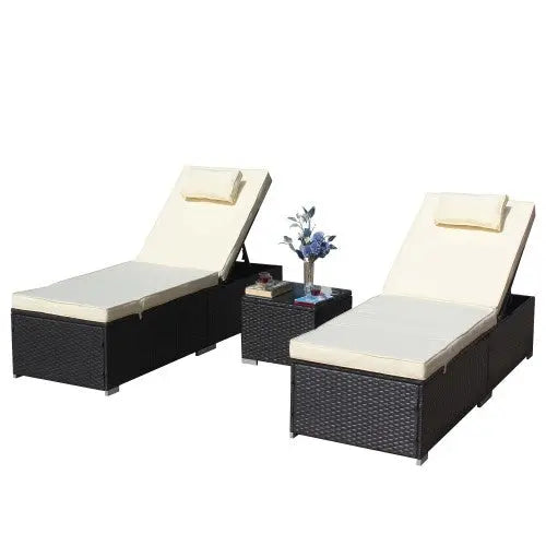 3-Piece Outdoor Patio Furniture Set Chaise Lounge, Patio Reclining Rattan Lounge Chair Chaise Couch Cushioned With Glass Coffee Table, Adjustable Back And Feet, Lounger Chair For Pool Garden, Beige My Store